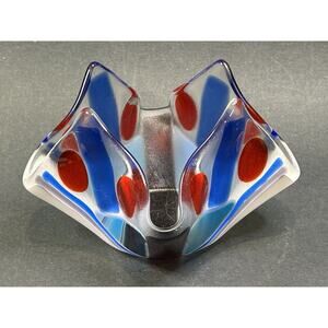 Art Glass Bowl Votive Or Tea light Holder Red White & Blue Decorative Americana